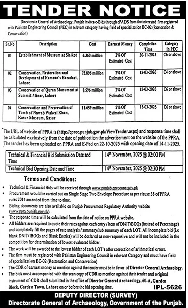 Archaeology Department Lahore Tender Notice
